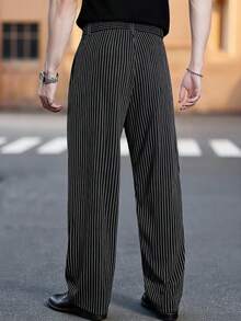 Manfinity Homme 男士宽松条纹阔腿裤，休闲时尚百搭长裤，细条纹西裤，男士褶裥西装裤，男士宽松西装裤 - 黑色 - 查看 2