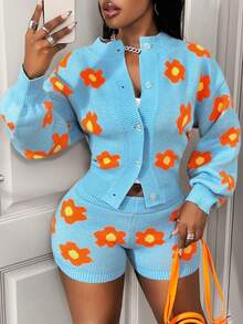 BamGleam Áo len nữ hai mảnh cardigan dệt kim dài nút trắng cam vàng họa tiết hoa áo vest nhỏ hở rốn ngắn thường ngày gợi cảm du lịch nghỉ dưỡng thường ngày tiệc tùng quần áo nữ xuân thu hè đông thu - Màu xanh lam - Xem 7