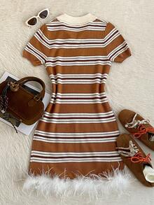 SHEIN Unity Women's Casual Collared Striped Hem Faux Fur Patchwork Mini Dress, Retro College Style, Suitable For Afternoon Tea, Hangout With Friends, Valentine's Day, Essential Autumn Item, Soft & Comfortable, Vintage Vibe, Christmas, Office, Back To School Outfit - Coffee Brown - View 4