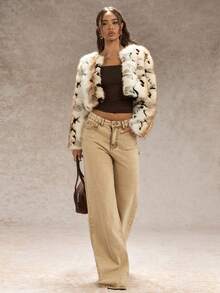 SHEIN Glamour 米色尖领短款狐狸夹克 - 棕色 - 查看 4