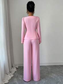 Rafferiza Women's Elegant Square Neck Long Sleeve Suit Set Women Pants Suit Two Piece Set Women Elegant 2 Piece Casual Sets Woman Pant Suit Summer Sets - Pink - View 2