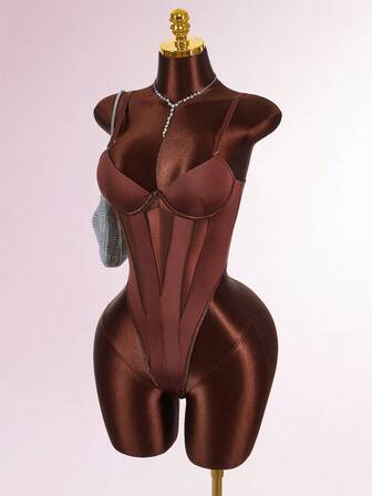  Y2K Amplova Women's Women's Solid Color Minimalist Casual Bodysuit, Autumn/Winter Thanksgiving And New Year Party Dress Brown Bodysuit Brown Body Suit Women Bodysuit Brown Swimsuit Sexy Body Suit