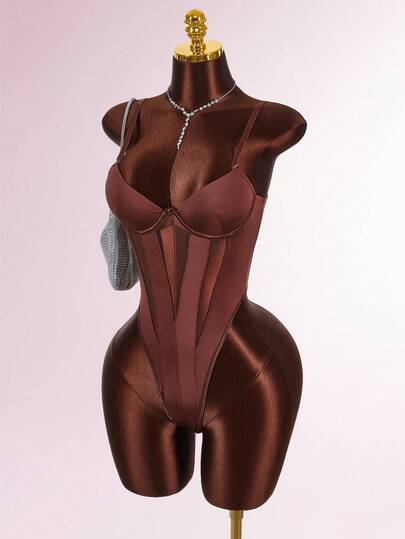  Y2K Amplova Women's Women's Solid Color Minimalist Casual Bodysuit, Autumn/Winter Thanksgiving And New Year Party Dress Brown Bodysuit Brown Body Suit Women Bodysuit Brown Swimsuit Sexy Body Suit