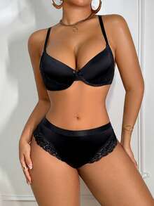 1 Set Women's Underwear With Underwire Bra + Thong Panty, Black - Black - View 5