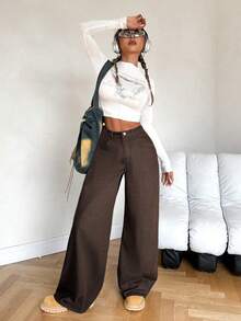 SHEIN PETITE 女士休闲宽松阔腿蓝色牛仔裤、复古牛仔裤、海军蓝牛仔裤、秋季女装、冬季女裤、蓝色返校节牛仔裤、女式喇叭裤 - 棕色 - 查看 3