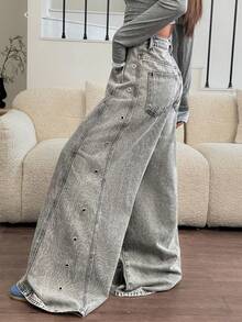 Rivivi Women's Fashion Eyelet Belt Loop Straight Loose Fit Denim Jeans