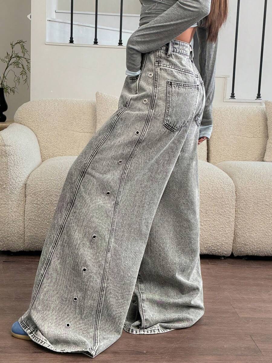 Rivivi Women's Fashion Eyelet Belt Loop Straight Loose Fit Denim Jeans