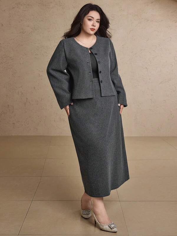 Dazy Plus 2pcs/Set Thickened Woolen Outfit, Elegant Commuter Short Loose Top Jacket And Long Straight Skirt, Plus Size Women, Autumn/Winter