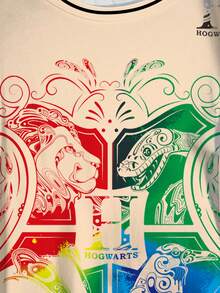 HARRY POTTER X SHEIN Plus Size Letter & Animal Print Casual Round Neck Short Sleeve T-Shirt - White - View 4