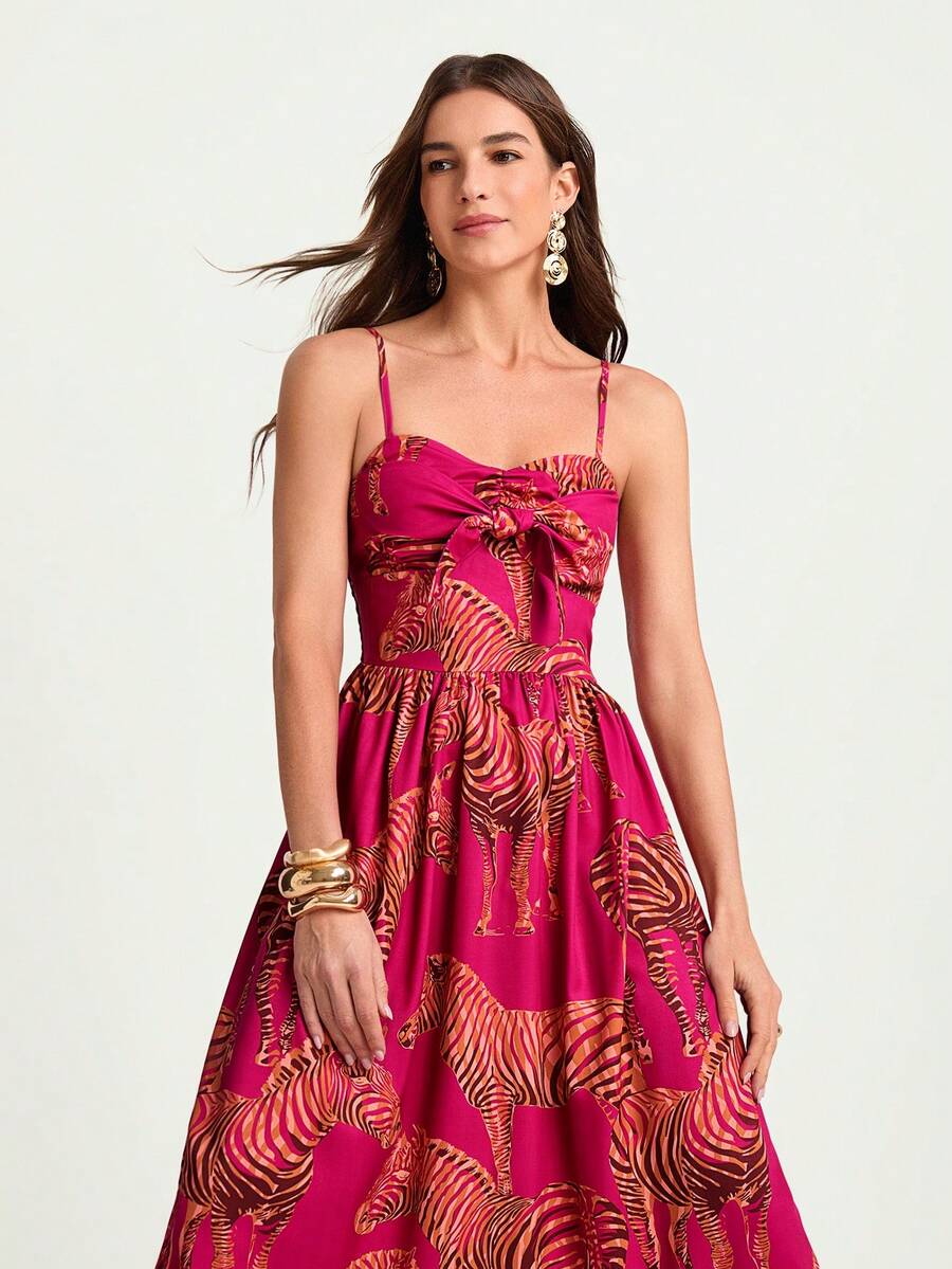 CAJUNI 女士斑马纹前结优雅吊带裙 - 彩色 - 查看 1