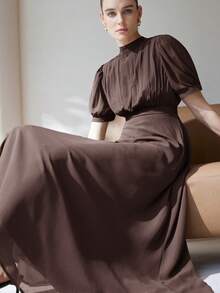 Aveloria Modichic 优雅女士雪纺连衣裙，褶皱胸部设计，公主袖，收腰喇叭裙，简约风格，通勤百搭，及膝长度 - 咖啡 - 查看 4