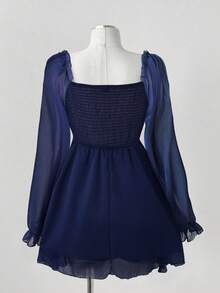 Sunspun Áo cánh thời trang thanh lịch tay dài cổ tim ren tương phản cỡ lớn dành cho nữ - Màu xanh hải quân - Xem 3