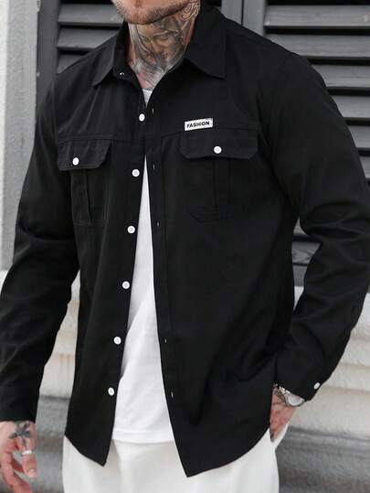 Manfinity CasualCool 男士休闲长袖衬衫，适合秋季日常穿着，黑色牛仔夹克，男士街头服饰，男士衬衫，街头风纽扣衬衫，黑色纽扣衬衫，男士衬衫式外套，日常休闲、周末旅行、户外活动、探险旅行、轻松的工作环境或半正式场合，男友/丈夫礼物，周年纪念礼物，圣诞节礼物
