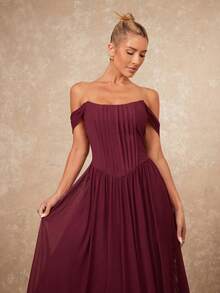 Lumalex Winter Fall Off Shoulder Sheer Flowy Tie-Waist Dress With Metallic Pleated  Luxury Prom Gathering Party Banquet Modest Old Money Coquette Glitter Holiday Party Rave Festival Outing Vacation Hot Outdoor Richly Layered Wedding Season Banquet ID Al-Adha Al-Adha Party New Year Looks Of Party Gala Night Party Dress For Autumn - Rose Red - View 2