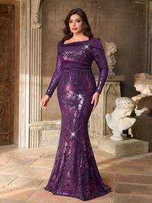 Aureia 大码秋冬优雅华丽紫色亮片拼接缎面不对称领口长袖褶皱修身鱼尾连衣裙，适合晚宴、单身派对、约会、节日、舞会、婚礼、晚宴等场合（重工款）、宾客礼服、情人节等。 - 紫色 - 查看 2