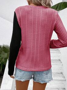 SHEIN LUNE 女士撞色罗纹长袖T恤，新年图案T恤，春季女式上衣 - 彩色 - 查看 2