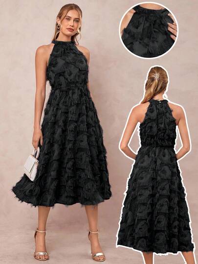 Amorya Elegant damklänning med jacquardstruktur och halterneck, A-linjeformad klänning, vår/sommar