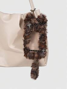 ROMWE Kawaii 1 件可爱豹纹毛绒猫钥匙扣、朋克铆钉装饰卡夹、Y2K 偶像 3 英寸卡片装饰包饰 - 棕色 - 查看 3