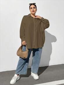SHEIN Essnce Khaki Plus Size Women's Autumn Long-Sleeved Button-Down Shirt,Smart Casual Everyday Loose Oversize Tops,Old Money Style Work Blouses,High Side Slit - Coffee Brown - View 5