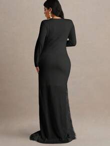 MaterniChic Pregnant Women's Elegant Patchwork Fuzzy Trim Long Sleeve Split Dress, Autumn - Black - View 2