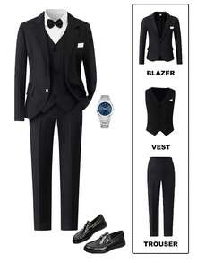 SHEIN 3pcs Teen Boy Gentleman High-End Elegant Fashion Handsome Stage Performance Host Outfit Set. Suit Jacket + Fitted Vest + Casual Pants