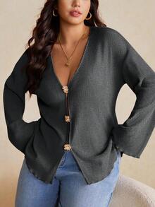 Elaquor Plus Size Women Elegant Floral Metallic Decor Deep V-Neck Loose Flare Sleeve Jacket, Autumn/Winter