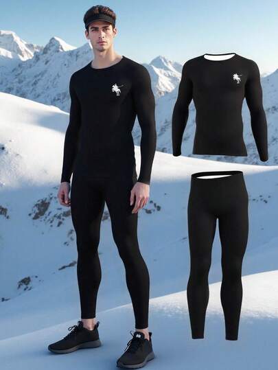 SHEIN Teen Boys Basic Under Wear Slim Fit Thermal Lined Long Sleeve Top And Pants Set, Casual Collegiate Comfortable And Fashionable, Versatile Soft Fabric Suitable For Daily Wear, School, And Home, Fall Autumn And Winter Teen Outfits Active Wear Active Wear Sets Tracksuit Jogging Winter Outfit Black Activewear