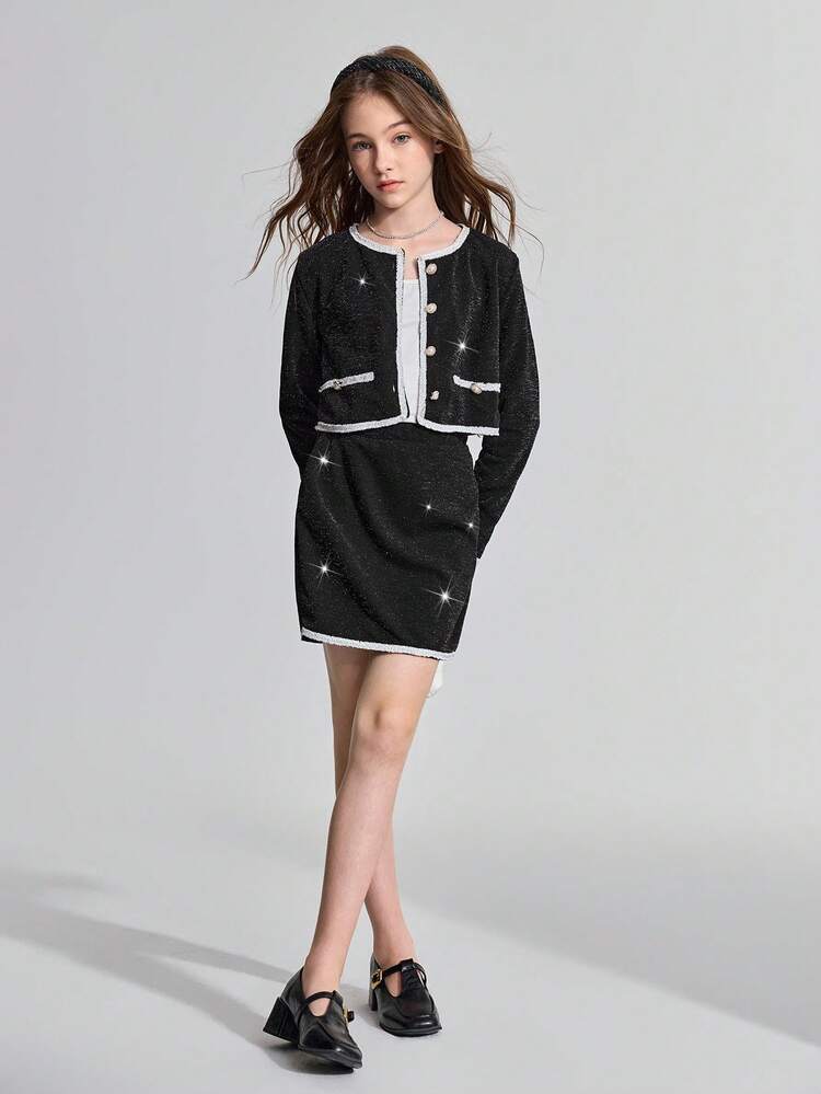 Tween Girl Colorblock Sequin Jacket & Skirt 2 Pieces Set Fall Winter