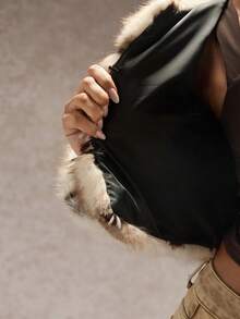 SHEIN Glamour 米色尖领短款狐狸夹克 - 棕色 - 查看 7