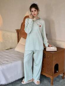 DAZY Ropa de estar en casa informal con cuello redondo y mangas largas a rayas para adolescentes - Verde - Ver 3