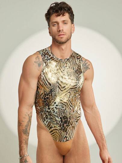 FeverCity Mono ajustado y sexy sin mangas con estampado de leopardo para hombres