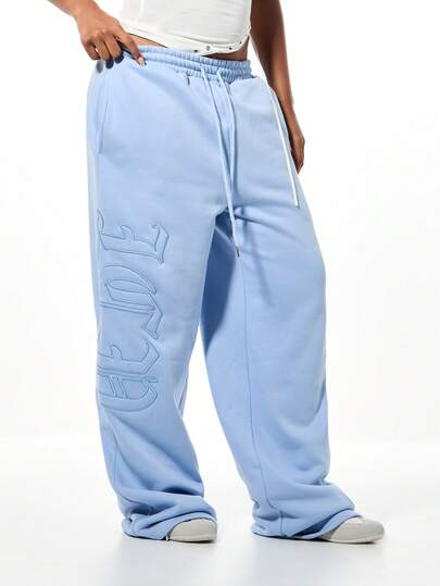 SUMWON WOMEN 宽松水洗慢跑裤，毛边贴花字母印花，休闲抽绳运动裤，舒适休闲