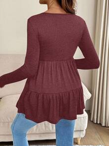 SHEIN 哺乳圆领落肩长袖褶皱休闲舒适荷叶边下摆上衣