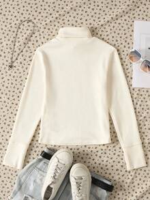 Maglietta a collo alto aderente di colore unito, casual e versatile, adatta a ragazze pre-adolescenti, per autunno, primavera ed estate, maglietta bianca per ragazze per uso domestico e tempo libero - Bianco - Visualizzare 2