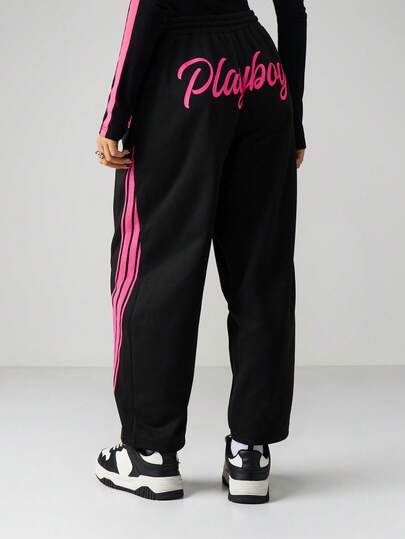 Missguided x Playboy Drawstring Joggers With Side Stripe Detail Relaxed Fit Sweatpants For Casual Wear