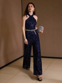 MOTF PREMIUM 亮片腰部收紧修身喇叭连体裤，秋冬 - 藏蓝色 - 查看 1