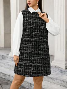 SHEIN LUNE 大码女装秋冬撞色袖衬衫领长袖休闲连衣裙感恩节服装节日派对连衣裙女士派对连衣裙圣诞连衣裙圣诞节服装女式冬季服装冬季连衣裙舒适女装新年服装优雅派对连衣裙亮片连衣裙格子连衣裙黑色连衣裙 - 黑與白 - 查看 4