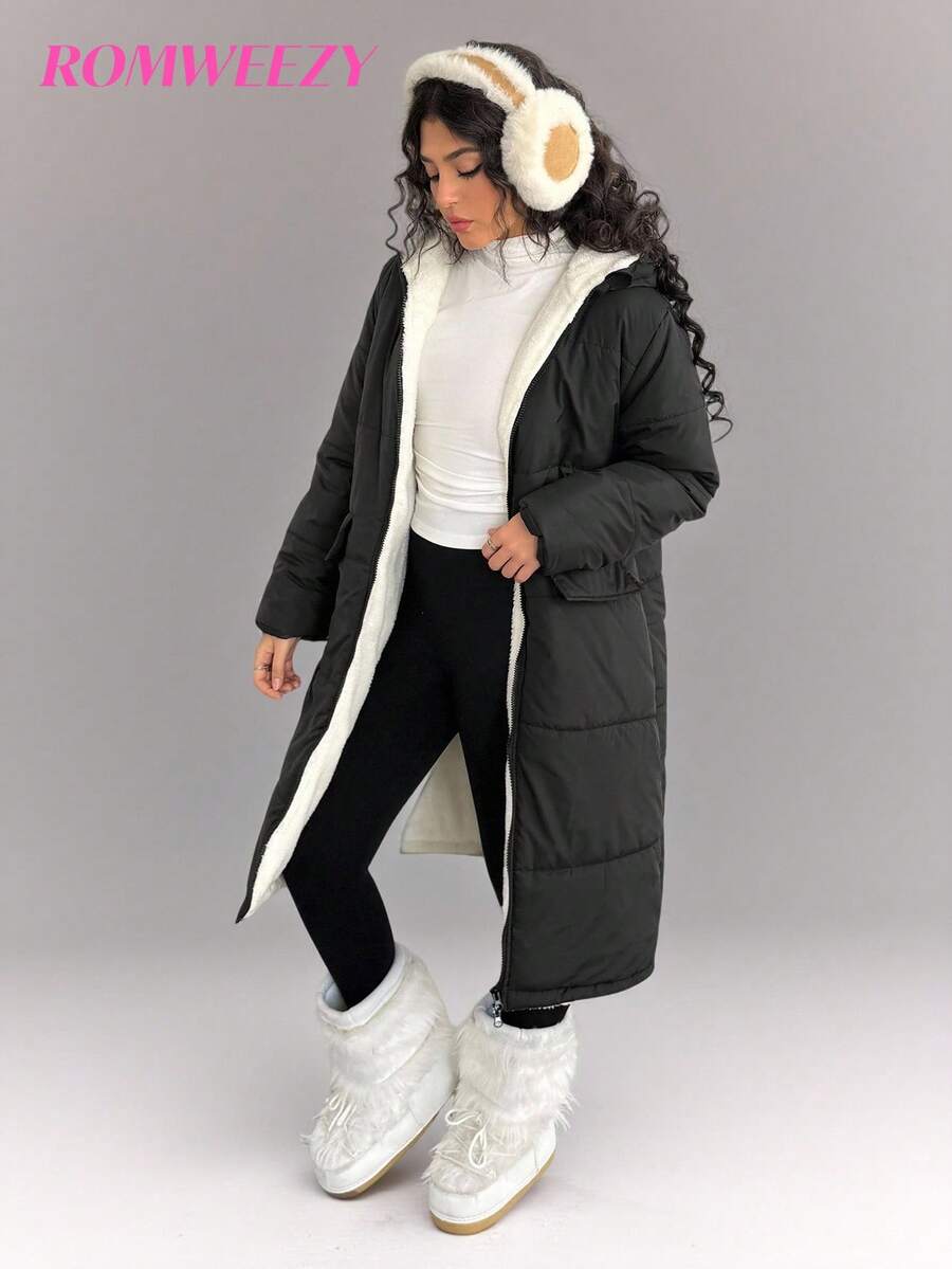 Sparklyn Teen Girl Black Casual Minimalist Thickened Long Padded Coat, With White Thermal Lined, Dual Flap Pockets, Suitable For Daily Outings, Winter, And Skiing - Black - View 1