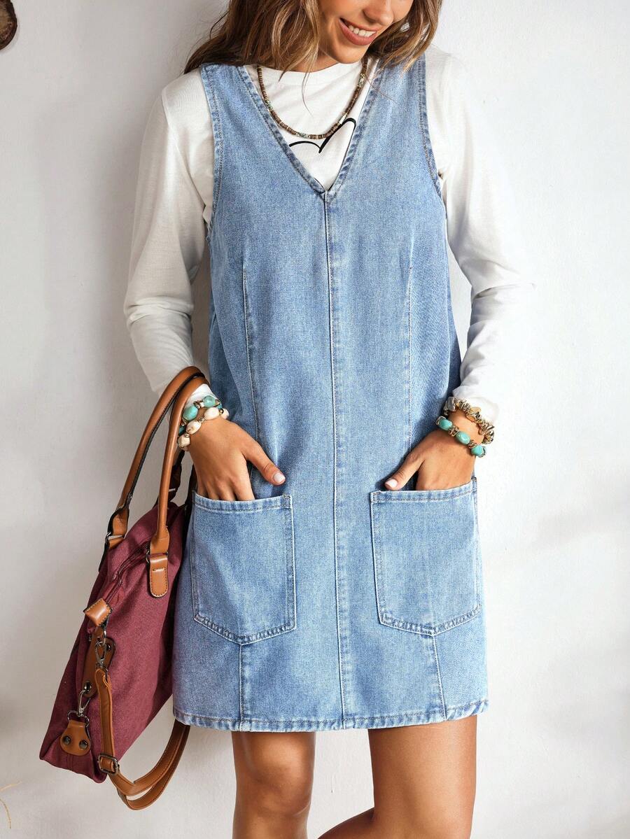 EMERY ROSE Women's V-Neck Sleeveless Casual Denim Bib Dress With Dual Pockets - Light Wash - View 1