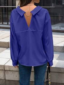 EMERY ROSE Women's Solid Color Minimalist Long Sleeve Shirt, Casual Everyday Wear - Royal Blue - View 3