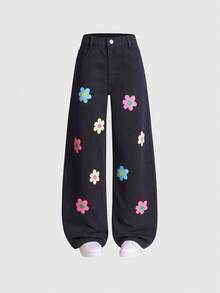 SHEIN Explorewe 青少年女孩牛仔裤，2025 年秋冬新品，两件套，花卉印花设计，舒适贴身，百搭直筒宽松休闲阔腿牛仔裤，适合外出、上学、通勤、派对、圣诞节，完美之选 - 彩色 - 查看 5