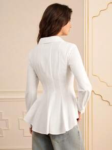 Lilora Women's Casual Elegant Solid Color Waist Shirt Winter Clothes For Women Clothes For New Year Fitted Waist Long-Sleeved Commuter Shirt - White - View 4