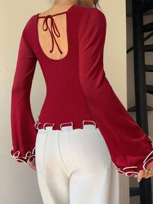 Siren Gaze 女式优雅修身圆领荷叶边长袖T恤，秋季 - 玫瑰紅 - 查看 2