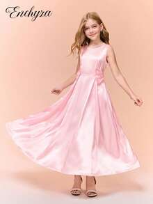 Girls' Elegant Fitted Long Dress With Bow Accent, Suitable For Formal Occasions, Parties, And Galas - Pink - View 2