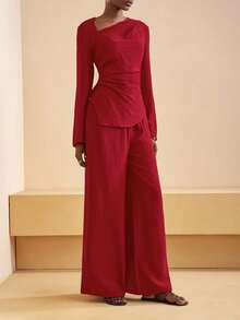 Zivah 2025秋冬新款通勤优雅休闲度假棕色不对称领褶皱长袖衬衫+高腰阔腿长裤女两件套，旅行、通勤、聚会、度假、复古风格、购物、宴会、优雅、派对、约会、休闲-A - 紅色 - 查看 3