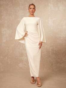 Lumalex Đầm ôm sát cơ thể không đối xứng tay áo rộng, cổ thuyền, trang trí kim loại nhún bèo dành cho nữ - Màu be - Xem 8