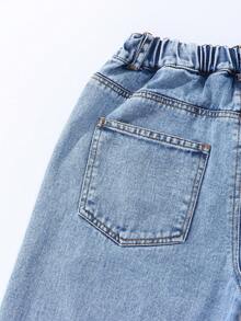 SHEIN ChillGRL Tween Girls Jeans - 新款时尚雪花洗做旧刺绣阔腿牛仔裤 - 淺色水洗藍 - 查看 4