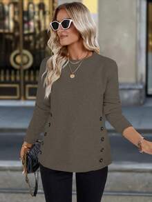 Chiquease 经典纽扣装饰休闲百搭圆领长袖毛衣 - Volcanic Gray - 查看 3