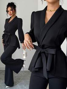 INAWLY Set de 2 piezas con chaqueta de manga farol de unicolor y pantalones anchos de pierna ancha, estilo elegante de oficinista