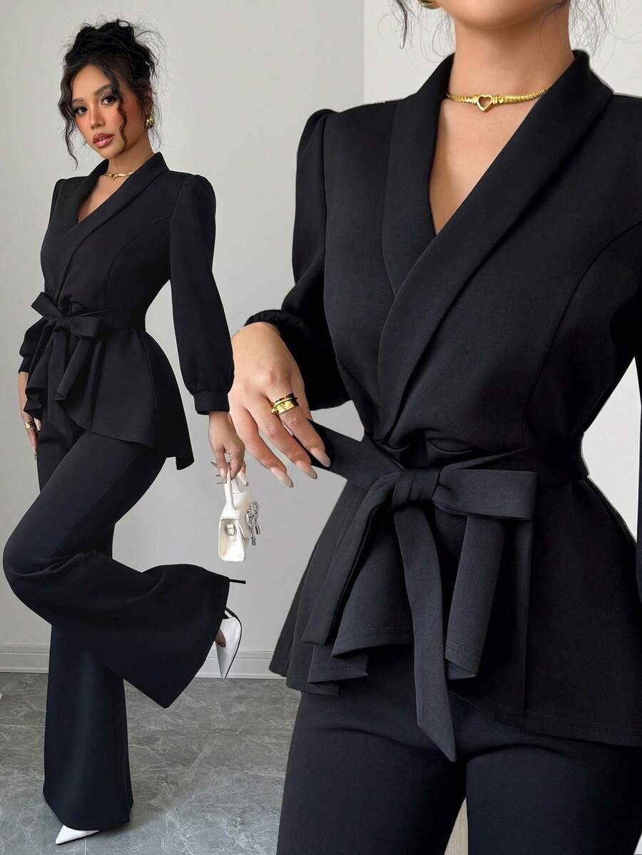 INAWLY Set de 2 piezas con chaqueta de manga farol de unicolor y pantalones anchos de pierna ancha, estilo elegante de oficinista